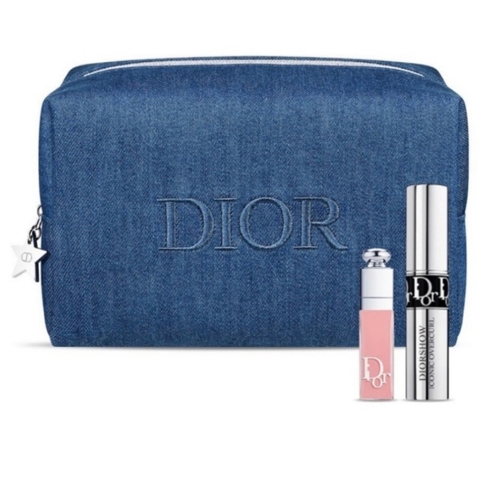 Dior Denim Blue Makeup Pouch with mini Lip gloss and mini Mascara 3pcs set